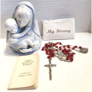 Vintage Madonna & Child Figurine Pope John Paul Rosary Mini Bible Pouch Set READ